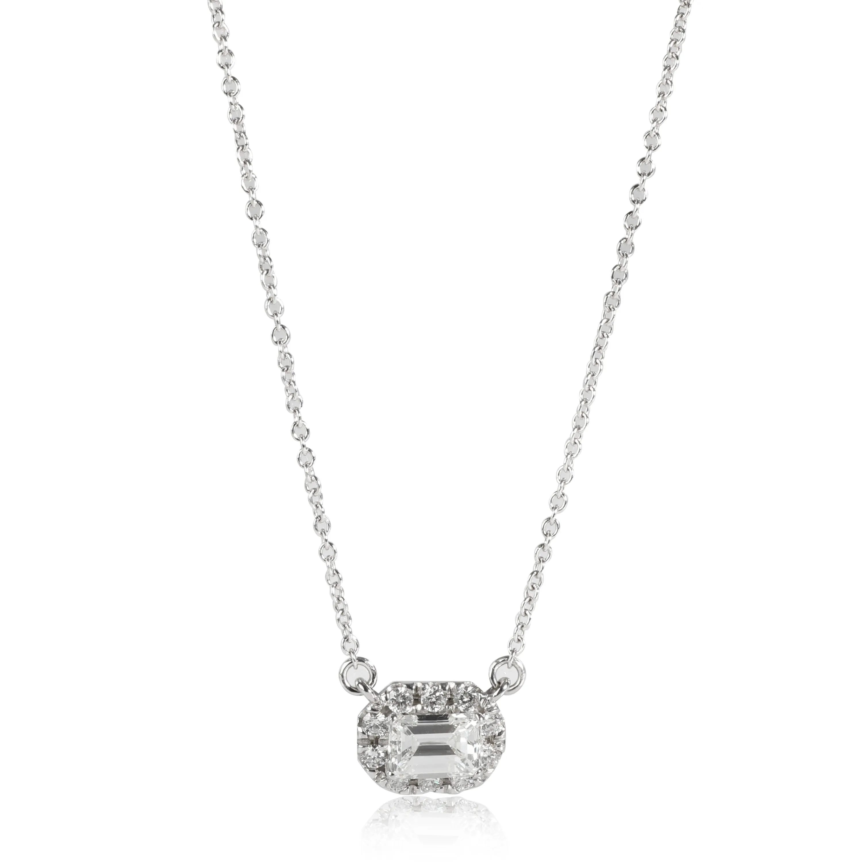 14K White Gold Emerald Cut Halo Diamond Necklace G/VVS1 (0.67 Ctw)