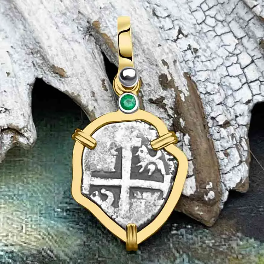 1710s Rimac River "Good Luck" Spanish 1/2 Reale "Piece of 8" 14K Gold Pendant with Emerald | Artifact #8264
