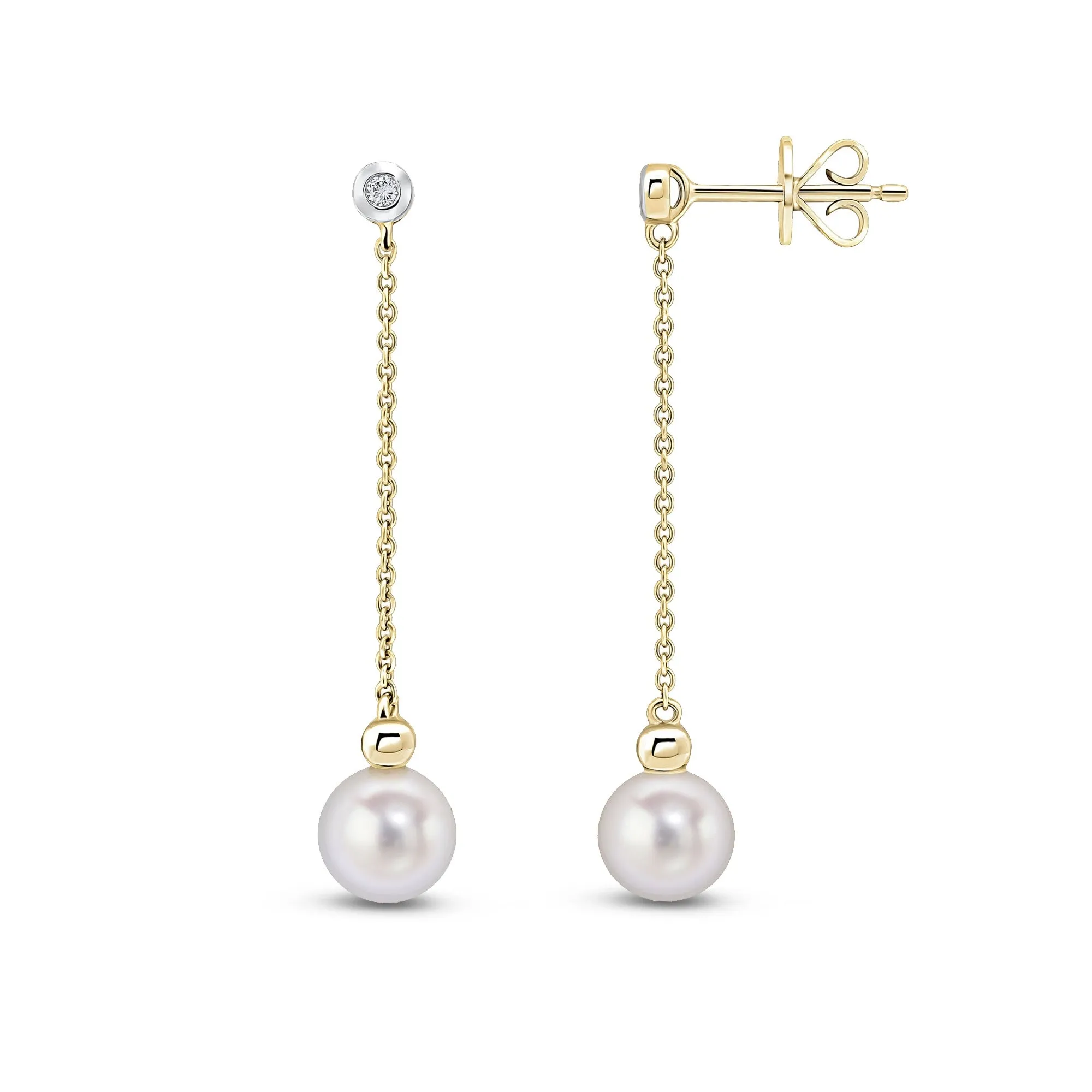 9ct Yellow Gold Diamond & Pearl Chain Stud Earrings