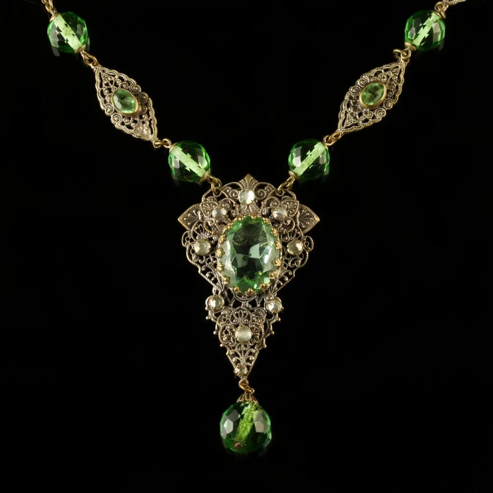 Antique Victorian Green Paste Necklace Filigree 1900