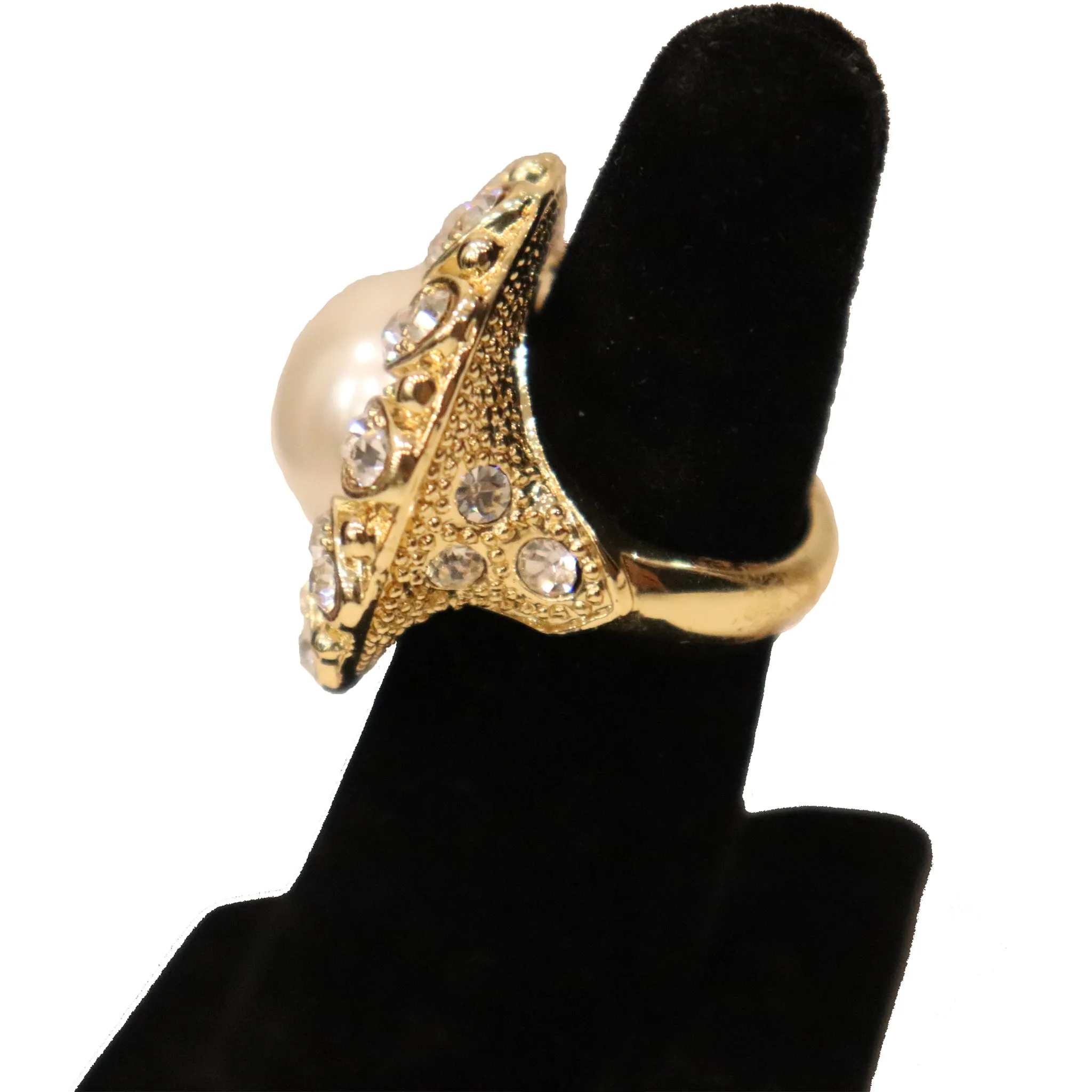 Arnold Scassi Faux Gold-tone Pearl & Rhinestone Earrings/Ring 1980s