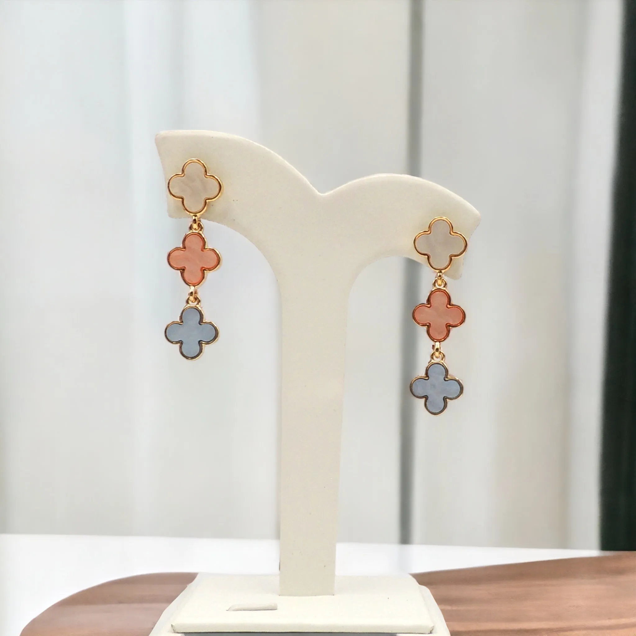 Gold Mother of Pearl Clover Drop Earrings