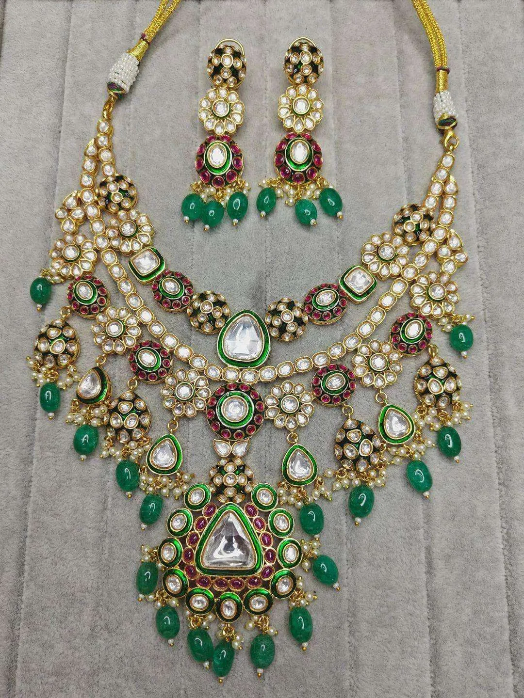 Green Kundan Embellished Layered Necklace Set